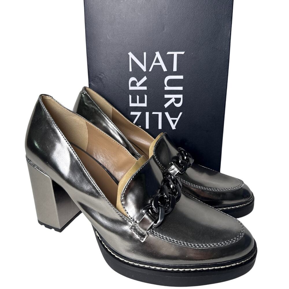 Naturalizer Loafer‎ Callie-Moc Pumps Womens 9M Pewter Metallic Block Heel Chain